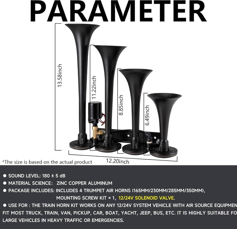 banhao Truck Air Horn 4 Trumpet Horns Train Horn Kit for Truck 12/24V 180 dB Super Loud Suitable for Pickup Motorhome SUV Trucks Train Boat(Parallel 4-Trumpet Black 12/24V) - Image 5